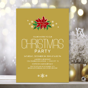 Red Poinsettia Gold Minimalist Christmas Party Invitation