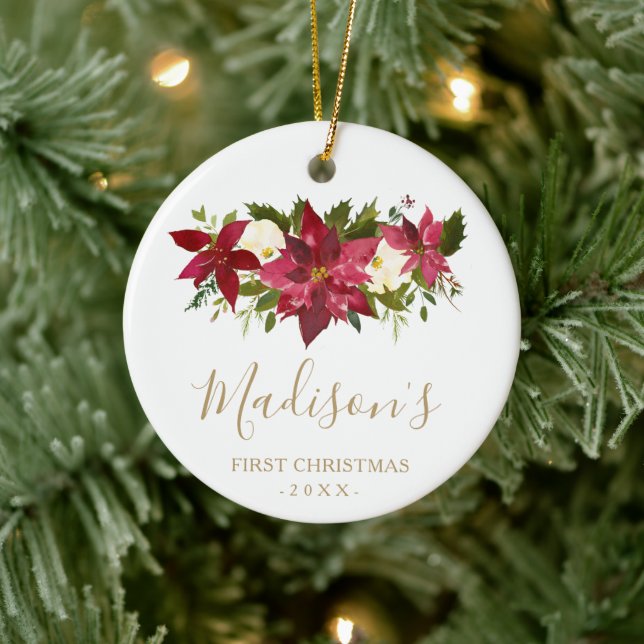 Red Poinsettia Gold Photo Baby's First Christmas Ceramic Ornament (Tree)