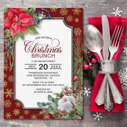 Red Poinsettia Gold Snowflakes Christmas Brunch Invitation