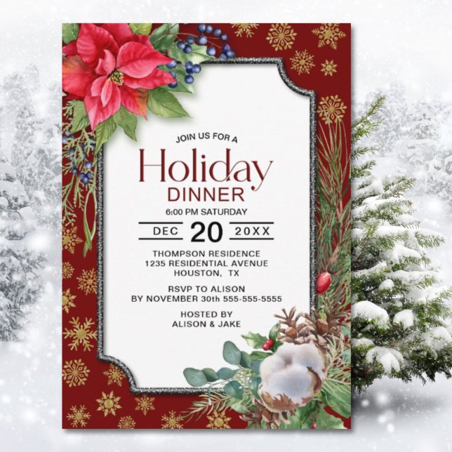 Red Poinsettia Gold Snowflakes Holiday Dinner Invitation (Creator Uploaded)
