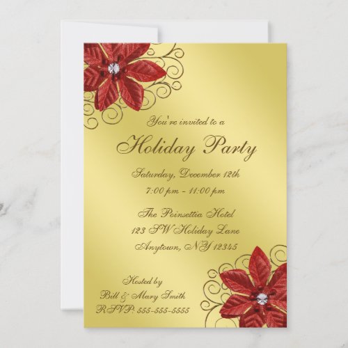 Red Poinsettia Gold Swirls Holiday Party Custom Announcements