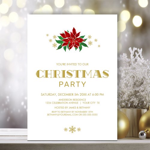 Red Poinsettia Gold Text Christmas Party Invitation
