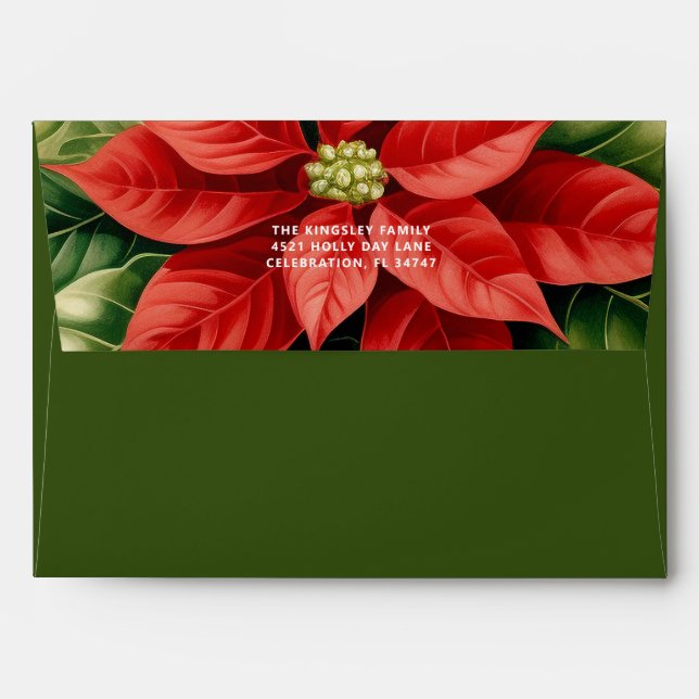Red Poinsettia Green Christmas Envelope (Back (Top Flap))