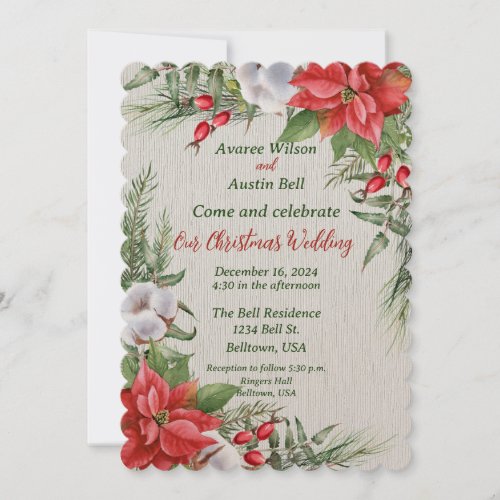 Red Poinsettia Green Leaves Christmas Wedding Invitation