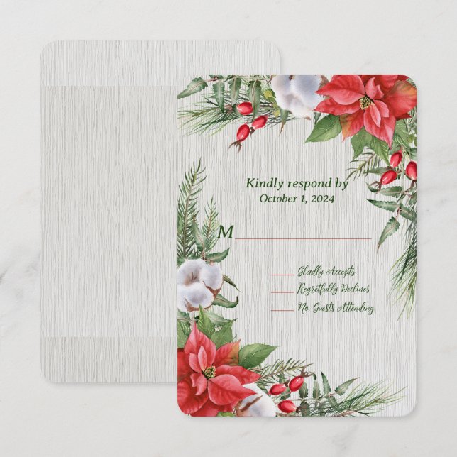 Red Poinsettia Green Leaves Wedding  RSVP Card (Front/Back)