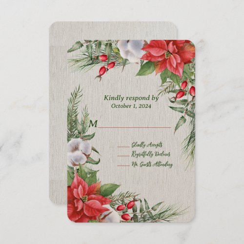 Red Poinsettia Green Leaves Wedding  RSVP Card