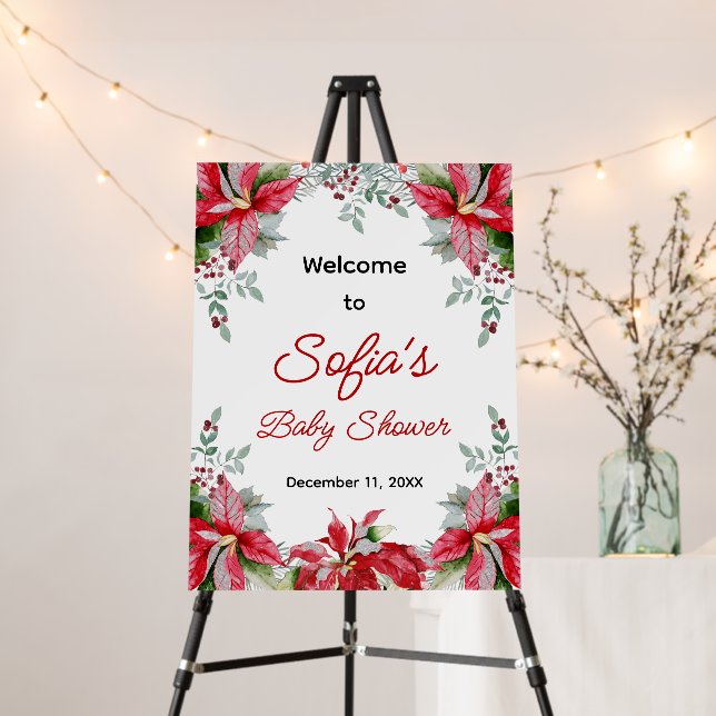 Red Poinsettia Greenery Baby Shower Welcome Foam Board (In Situ (Stand))