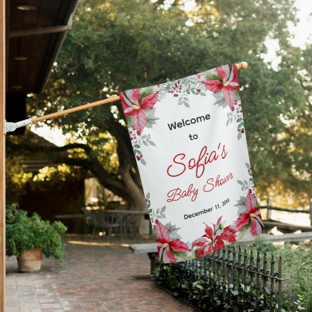 Red Poinsettia Greenery Baby Shower Welcome House Flag (In SItu)