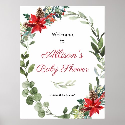 Red poinsettia greenery baby shower welcome poster