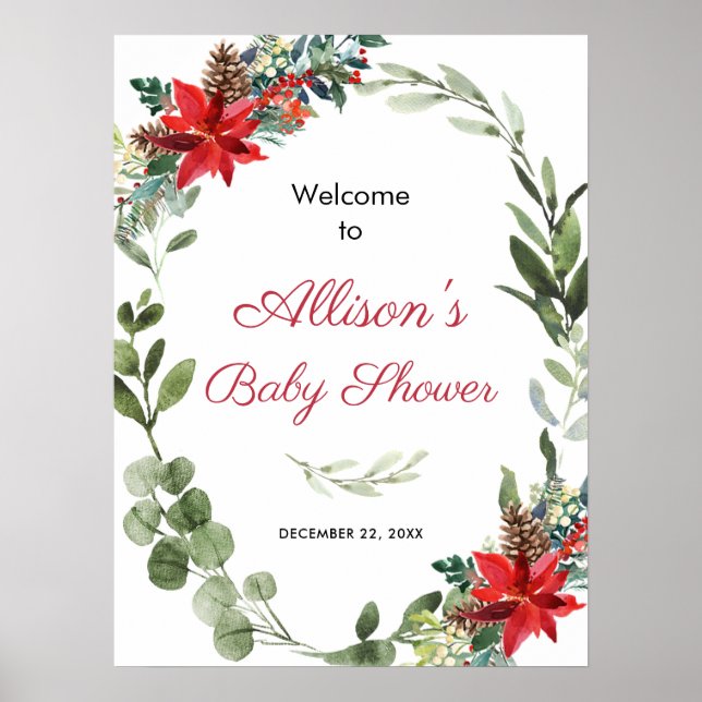 Red poinsettia greenery baby shower welcome poster (Front)