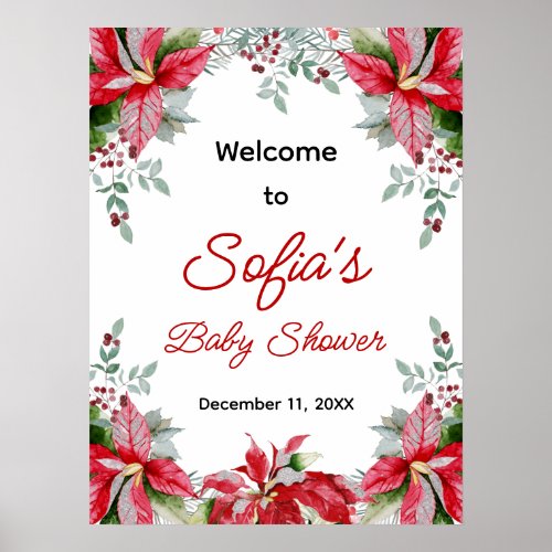 Red Poinsettia Greenery Baby Shower Welcome Sign