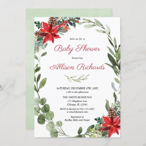 Red poinsettia greenery Christmas baby shower Invitation