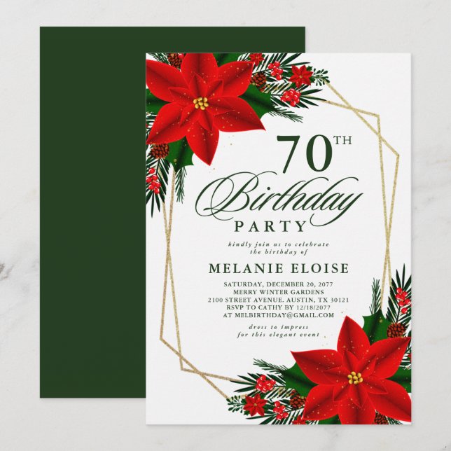 Red Poinsettia Greenery Christmas Birthday  Invitation (Front/Back)