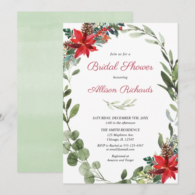 Red poinsettia greenery Christmas bridal shower Invitation (Front/Back)