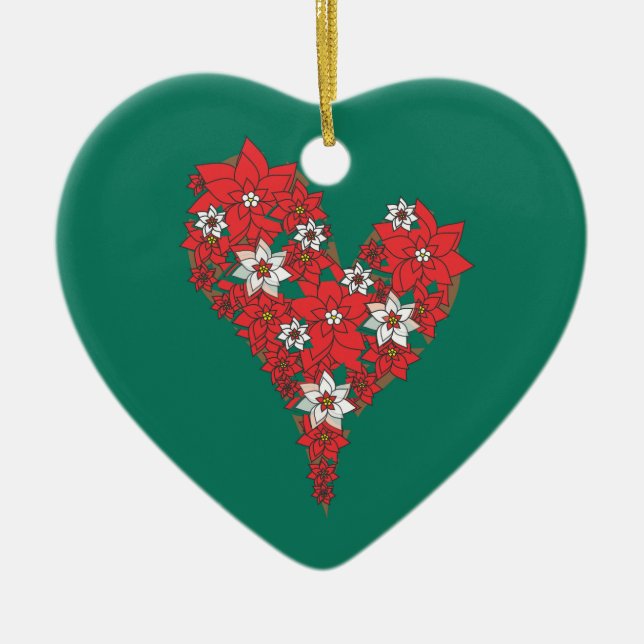 Red Poinsettia Heart Merry Christmas Ornament (Front)
