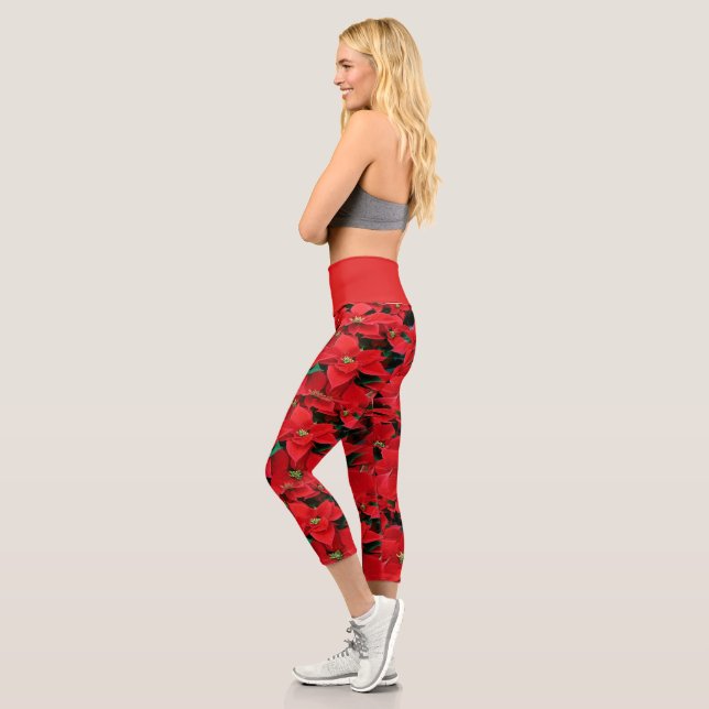Red Poinsettia Holiday Capri Leggings (Left)