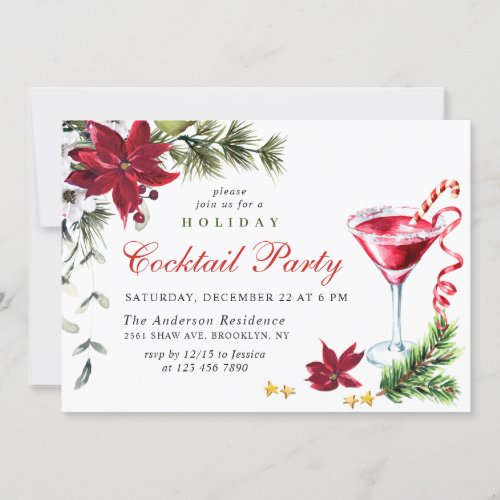 Red Poinsettia Holiday Christmas Cocktail Party Invitation