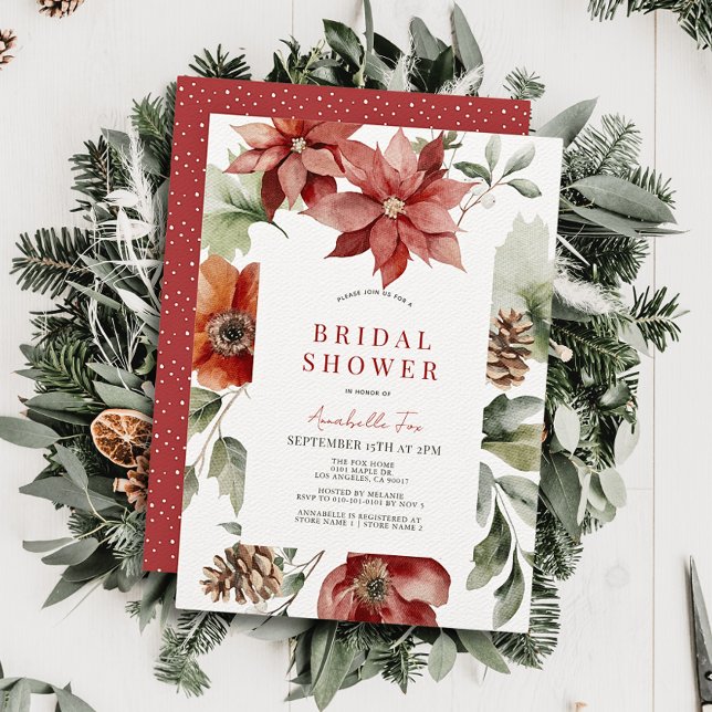 Red Poinsettia Holiday Floral Bridal Shower Invitation (Creator Uploaded)
