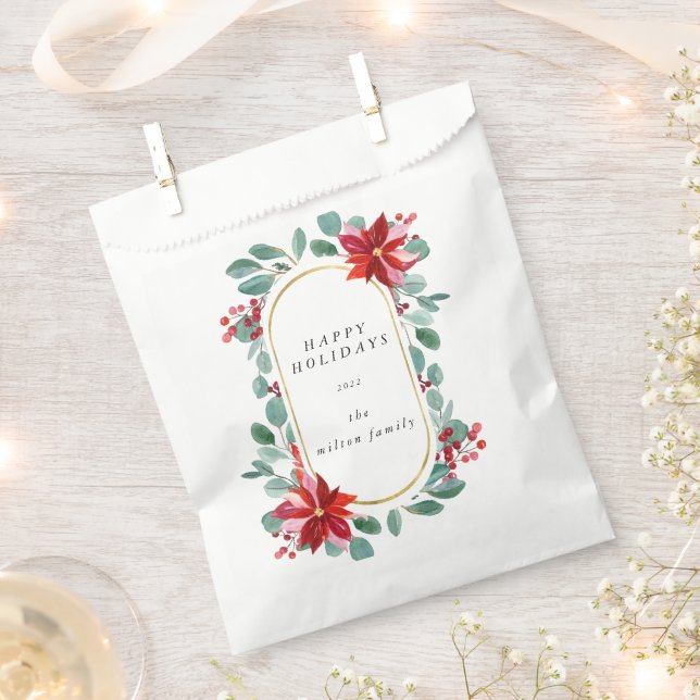 Red Poinsettia Holiday Floral Monogram Favor Bag (Clipped)