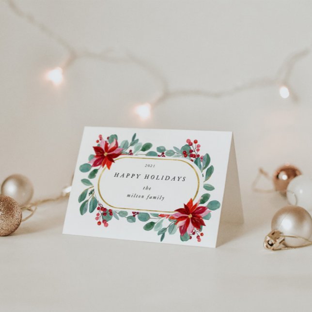 Red Poinsettia Holiday Floral Monogram Folded Card (Creator Uploaded)