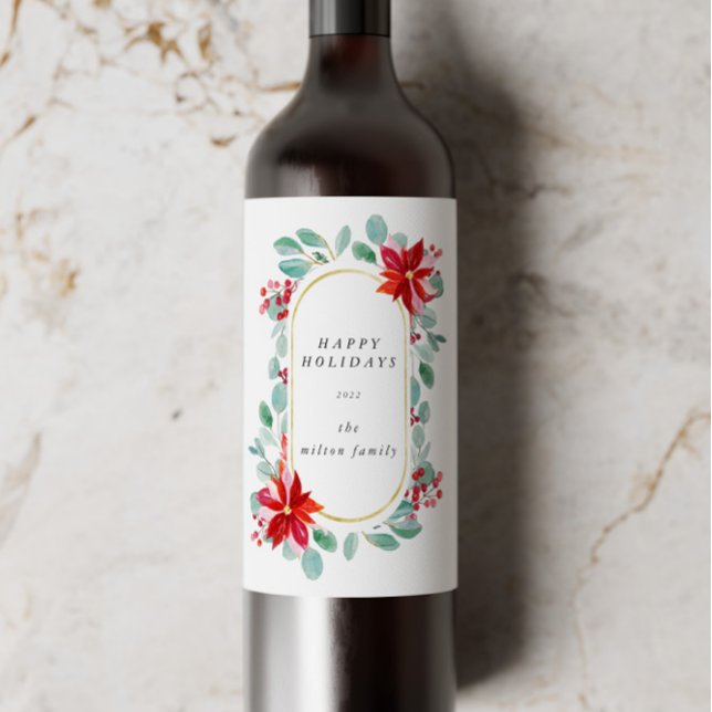Red Poinsettia Holiday Floral Monogram Wine Label (Creator Uploaded)