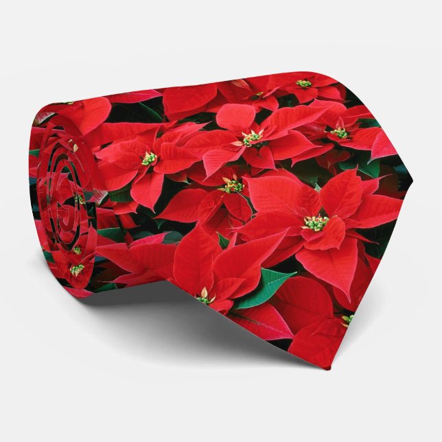Red Poinsettia Holiday Neck Tie (Rolled)