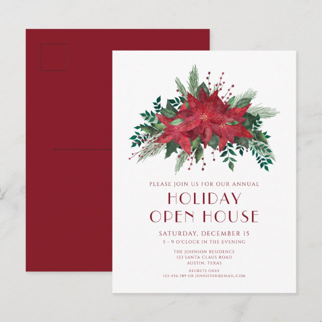 Red Poinsettia Holiday Open House Invitation Postcard (Front/Back)
