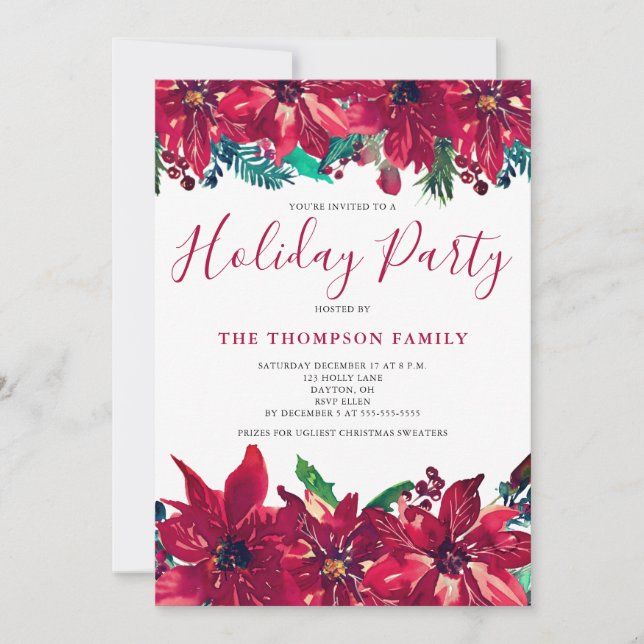 Red Poinsettia Holiday Party  Invitation (Front)