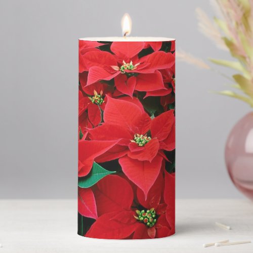 Red Poinsettia Holiday Pillar Candle