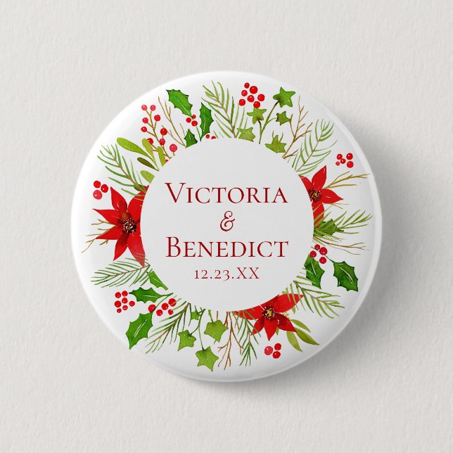 Red Poinsettia Holiday Wedding Personalized Button (Front)