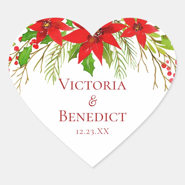 Red Poinsettia Holiday Wedding Personalized Heart Sticker (Front)