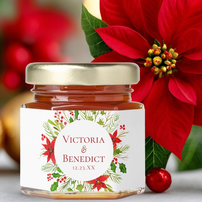 Red Poinsettia Holiday Wedding Personalized Honey Jar Favors (Creator Uploaded)