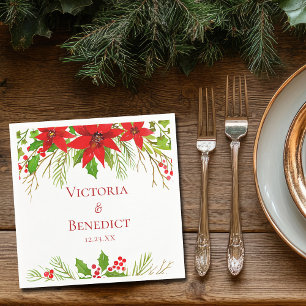 Red Poinsettia Holiday Wedding Personalized Napkins