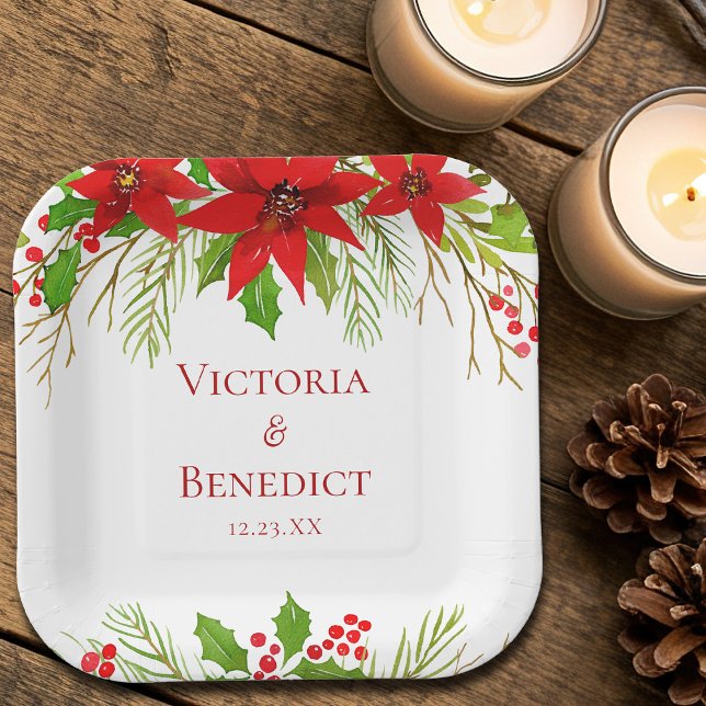 Red Poinsettia Holiday Wedding Personalized Paper Plates (Creator Uploaded)