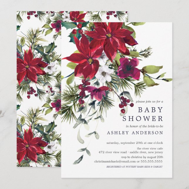 Red Poinsettia Holly Baby Shower Invitation (Front/Back)