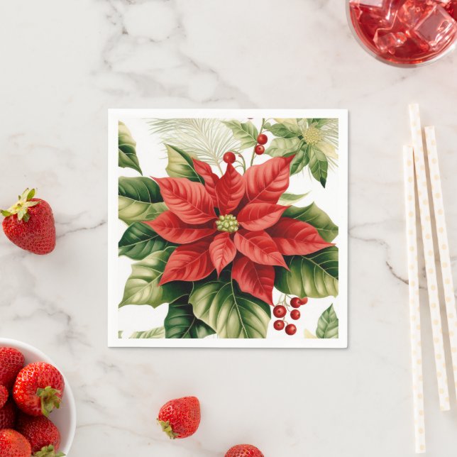 Red Poinsettia Holly Berries Christmas Holiday Napkins (Insitu)
