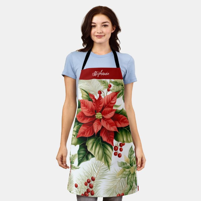 Red Poinsettia Holly Berry Christmas Personalized Apron (Worn)