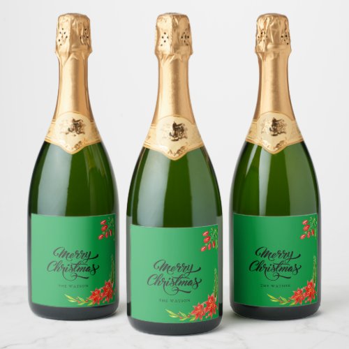 Red Poinsettia Holly Berry Floral Holiday  Champag Sparkling Wine Label