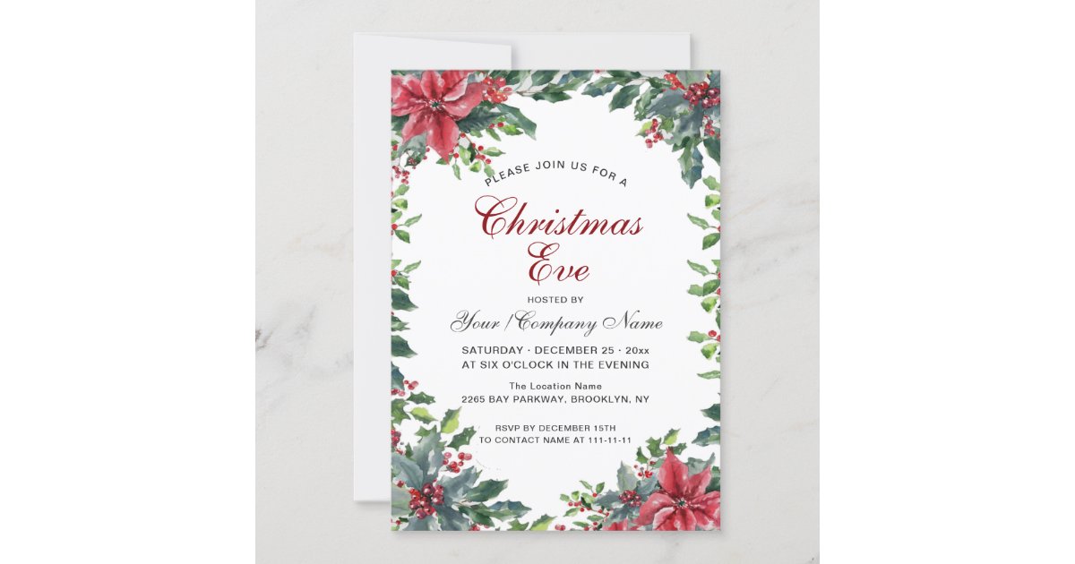 Red Poinsettia & Holly Berry Wreath Christmas Eve Invitation | Zazzle