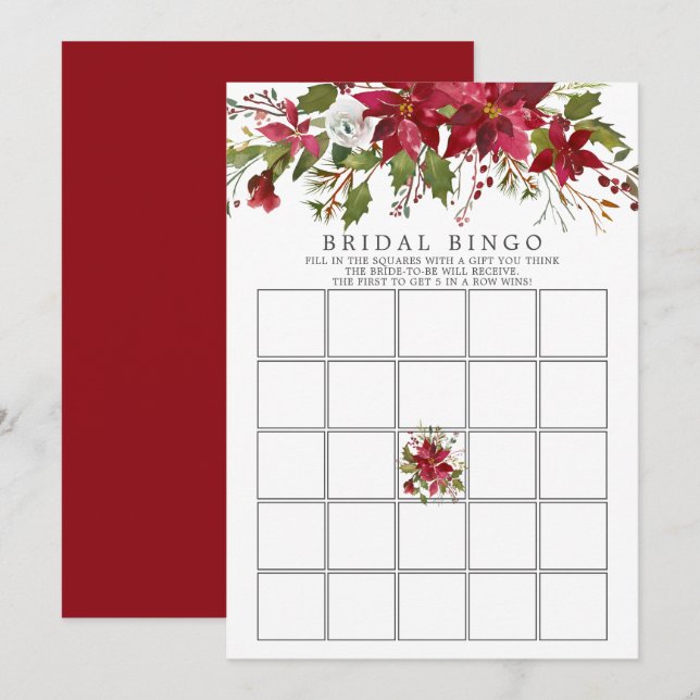 Red Poinsettia Holly Bridal Shower Bingo Invitation (Front/Back)