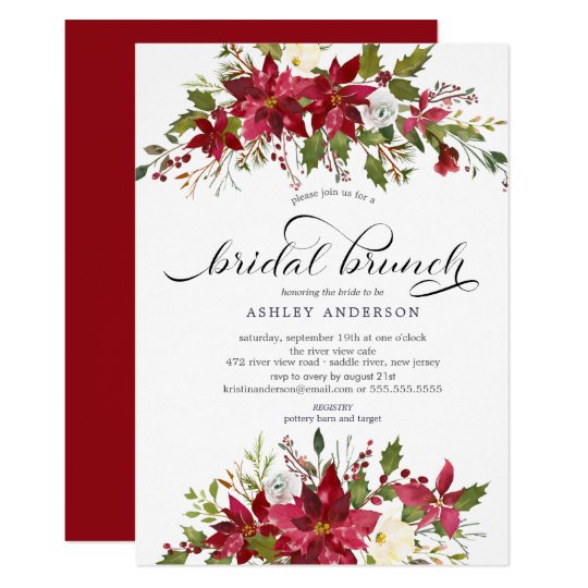 Red Poinsettia Holly Bridal Shower Brunch Invitation | Zazzle.com