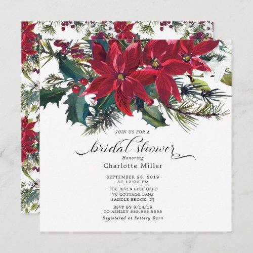 Red Poinsettia Holly Bridal Shower Invitation