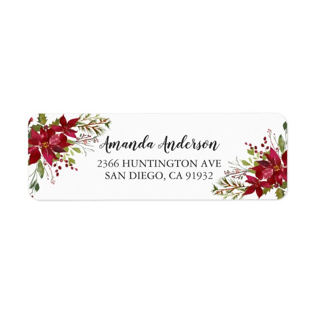 Red Poinsettia Holly Christmas Address Label (Front)