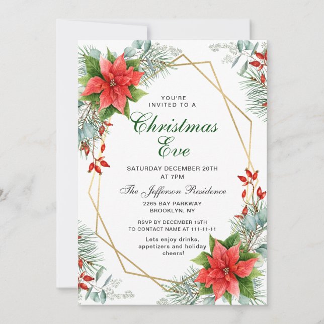 Red Poinsettia Holly Christmas Christmas Eve Party Invitation (Front)