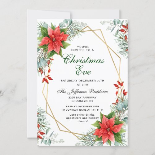 Red Poinsettia Holly Christmas Christmas Eve Party Invitation