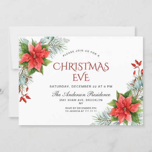 Red Poinsettia Holly Christmas Eve Holiday Party Invitation