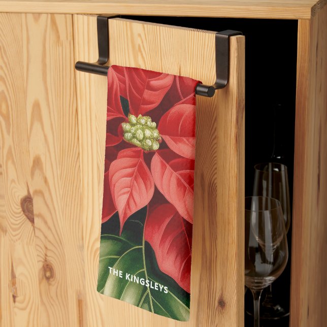 Red Poinsettia Holly Christmas Floral Personalized Kitchen Towel (Thirds Fold)