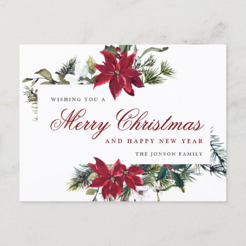 Red Poinsettia Holly Christmas Greeting Holiday Postcard