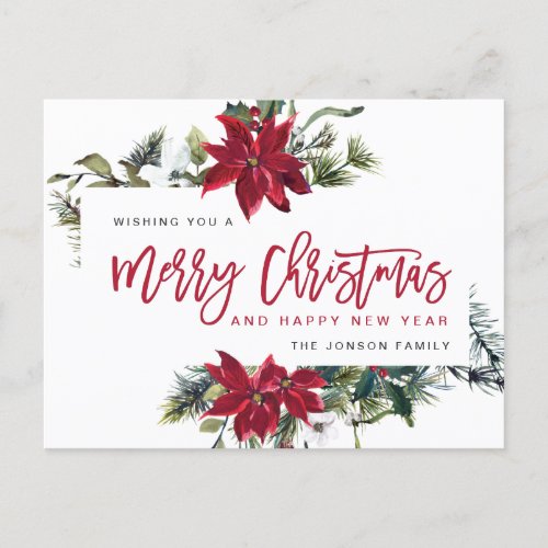 Red Poinsettia Holly Christmas Greeting Holiday Postcard