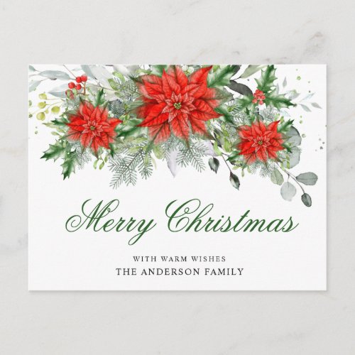 Red Poinsettia Holly Christmas Holiday Greeting Postcard